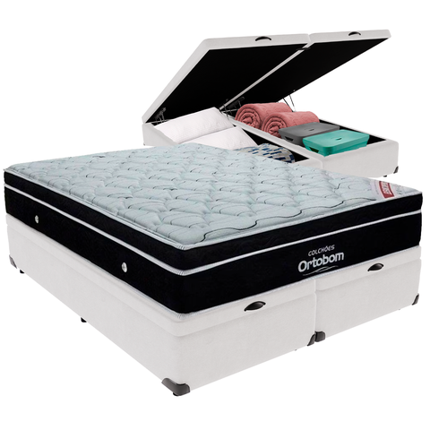 Cama Box Baú Airtech Antares Queen + Colchão de Molas Ensacadas - Ortobom - Spring - 158x198x67cm