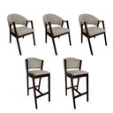 Ver imagem 1 de Kit 3 Cadeiras de Jantar Helen com 2 Banquetas Ana Madeira Maciça Castanho Premium Linho para Sala -