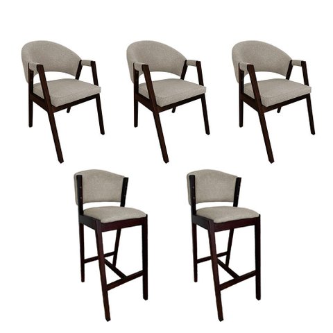 Kit 3 Cadeiras de Jantar Helen com 2 Banquetas Ana Madeira Maciça Castanho Premium Linho para Sala -