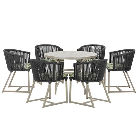 Mesa com 6 Cadeiras de Jantar Roma 120cm e Noronha em Alumínio Fendi Corda Náutica Estofado 5 Trama