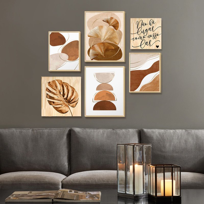 Kit 6 Quadros Decorativos para Sala Estar com Moldura Caixa e Folhas Frases Lar - 3