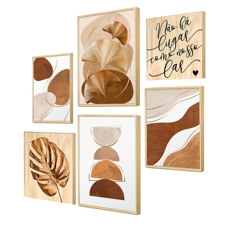 Kit 6 Quadros Decorativos para Sala Estar com Moldura Caixa e Folhas Frases Lar