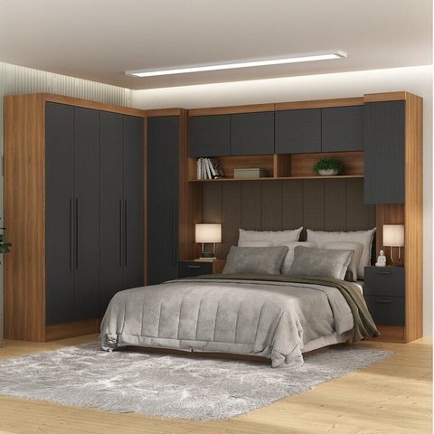 Quarto Completo 10 Portas 8 Gavetas 7 Peças Viena Espresso Móveis Cinza/Nogal/Grafite