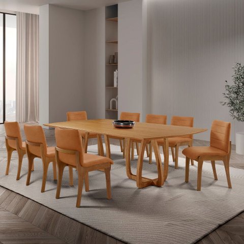 Sala de Jantar Mesa Flora 220cm Tampo Laminado Barril com 8 Cadeiras Bella