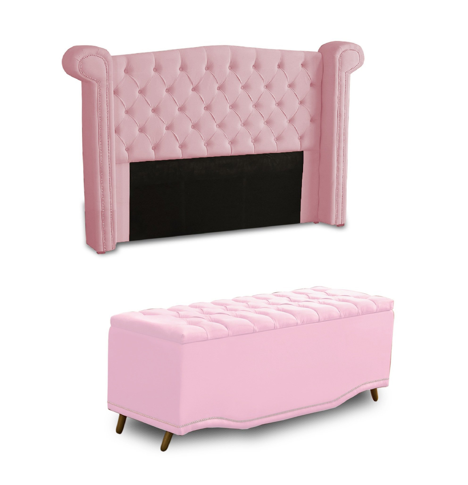 KIT + Cabeceira Com Recamier Baú Dunas Princesa em captonê 1,60 Casal Cama Box Rosa Bebê Corino Dala