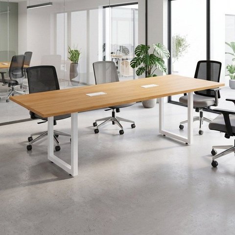 Mesa de Reunião Industrial 250x90cm com 2 Caixas de Tomadas Freijó e Branco