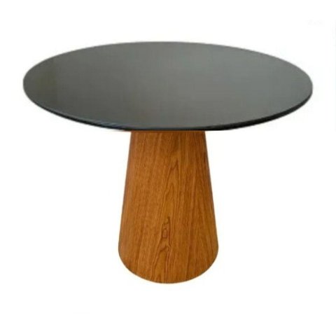 Mesa de Jantar Redonda Cone 90 Cm Tampo Laca Preta Base Freijó Cor Marrom