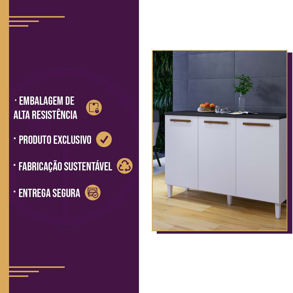 Balcão Organizador Multiuso para Cozinha Compacta 3 Portas - Branco - 7