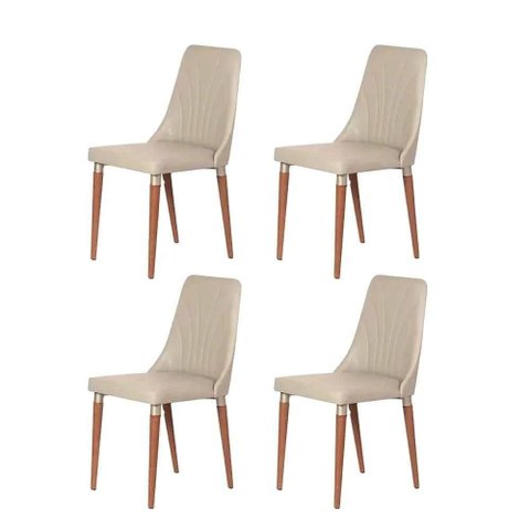 Kit de 4 Cadeiras de Madeira Maciça Estofada Lara - Natural C/ Pu Off White - Champanhe