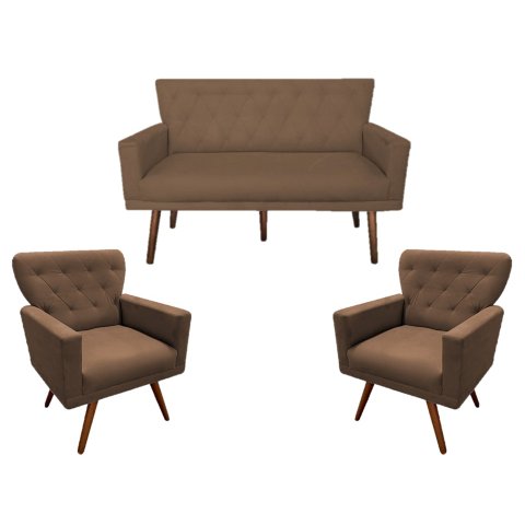 Kit Namoradeira + 2 Poltronas Decorativa Aurora Suede Marrom Pés Madeira Mz Decor
