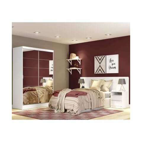 Quarto Completo com Guarda-Roupa Luke 2 Portas de Espelho e Cabeceira com 2 Mesas de Cabeceira Mades