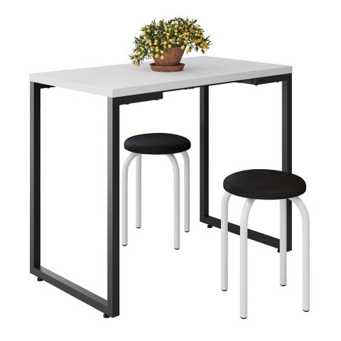 Mesa de Cozinha Bistrô Porto Branco 90cm com 2 Banquetas Industriais Maviê Preto/Branco - Mpozenato