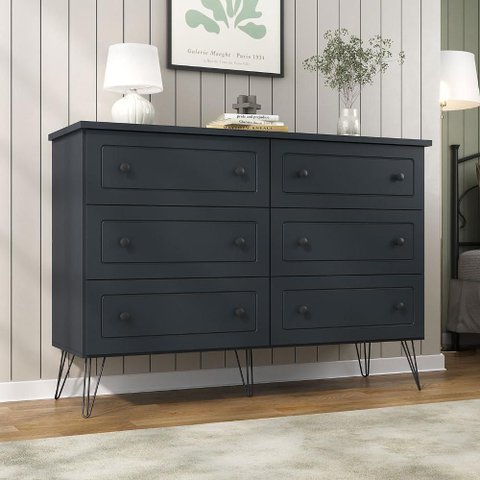 Cômoda Industrial 136cm C/ 6 Gavetas e Pés em Aço 100% Mdf Cor:grafitto