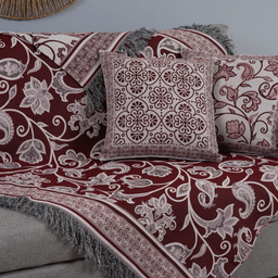Kit 5 Peças Xale para Sofá 1,35x1,35m com Almofadas Cheias Dupla Face Grécia Jacquard Cor Vinho - 3
