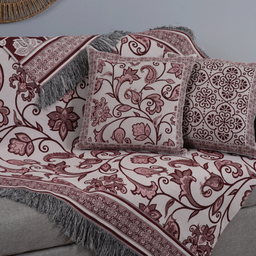 Kit 5 Peças Xale para Sofá 1,35x1,35m com Almofadas Cheias Dupla Face Grécia Jacquard Cor Vinho - 4