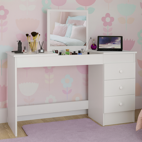 Penteadeira Escrivaninha Compacta com Espelho e 3 Gavetas para Maquiagem ou Estudos