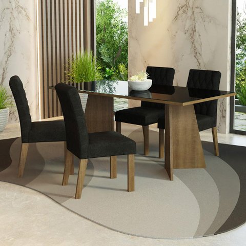 Conjunto Sala de Jantar Mesa Tampo de Vidro 4 Cadeiras Rustic/preto/oxford Harper Madesa