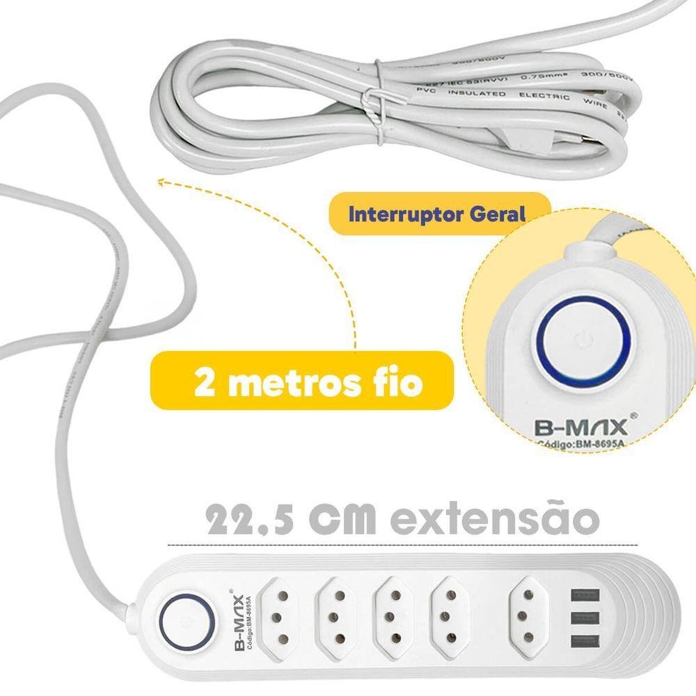 Extensão de Tomada Filtro de Linha 5 Tomadas + 3 Usb 2m Bmax - 6