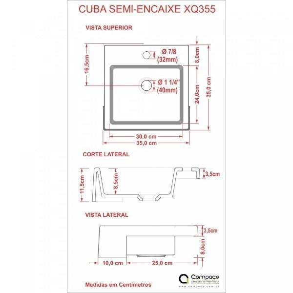 Cuba de Semi Encaixe para Banheiro XQ355 Quadrada Compace - 3