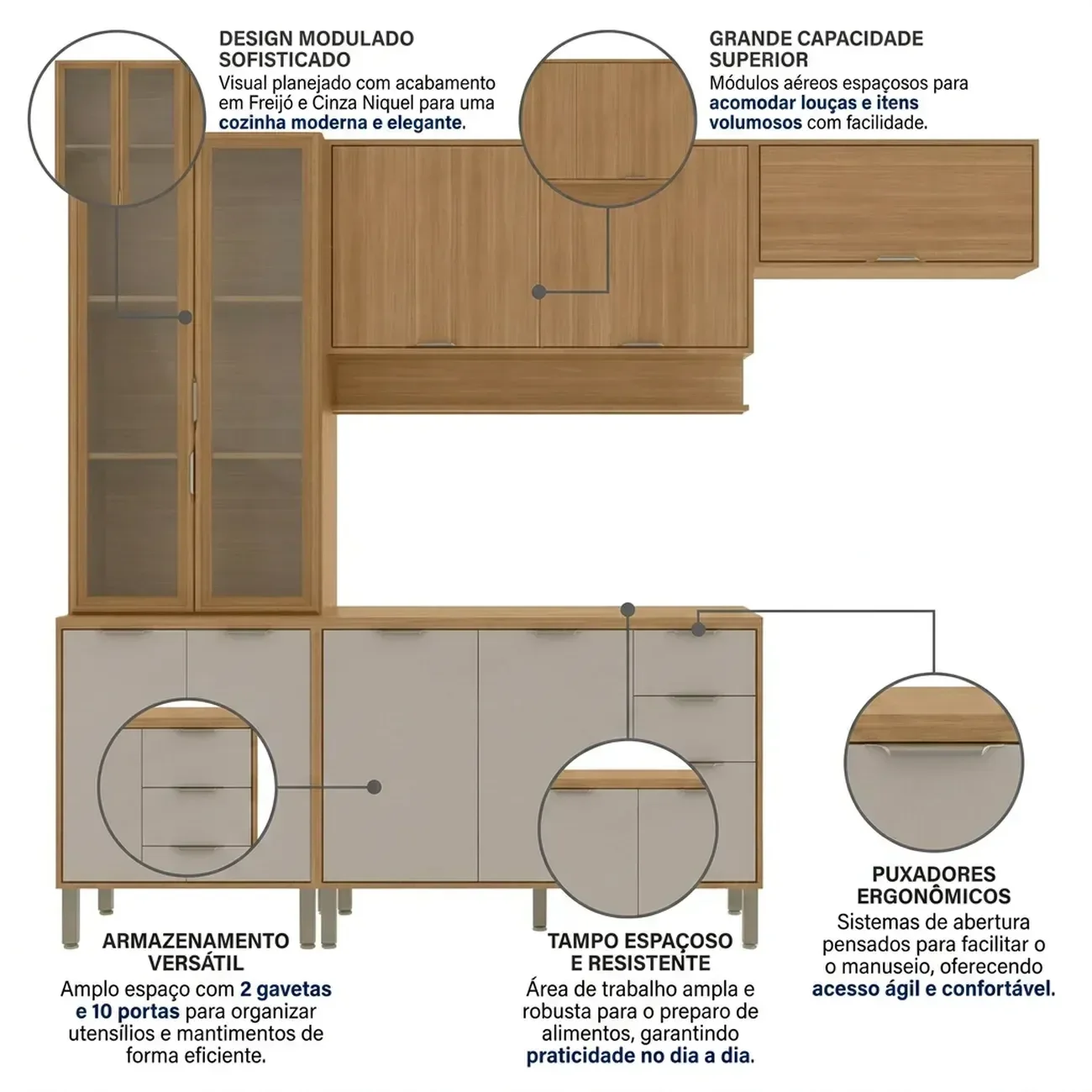 Ver imagem 4 de Cozinha Compacta Modulada 4 Peças 270cm 10 Portas e 2 Gavetas Colors Marrom Freijó/Cinza Niquel