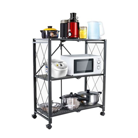 Estante Rack D Aço Dobrável Preta C 3 Prateleiras e Rodízios