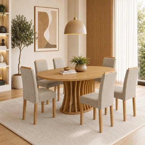 Conjunto Sala de Jantar 6 Lugares Tampo MDF 180x90cm Mesa Orgânica Arthus e Cadeiras Lyra