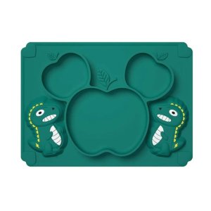 Prato Infantil Bebê com 3 Divisórias de Silicone Dinossauro:Verde