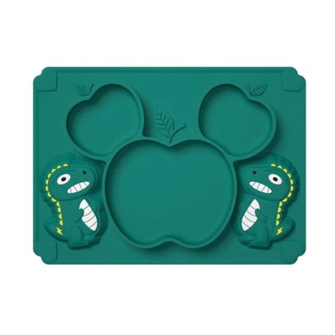 Prato Infantil Bebê com 3 Divisórias de Silicone Dinossauro:Verde