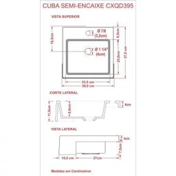 Cuba de Semi Encaixe para Banheiro XQ395 Quadrada Compace - 3