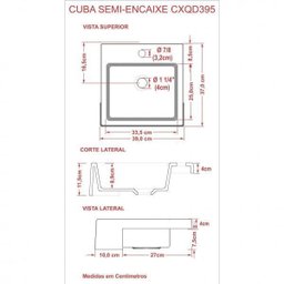 Cuba de Semi Encaixe para Banheiro XQ395 Quadrada Compace - 3