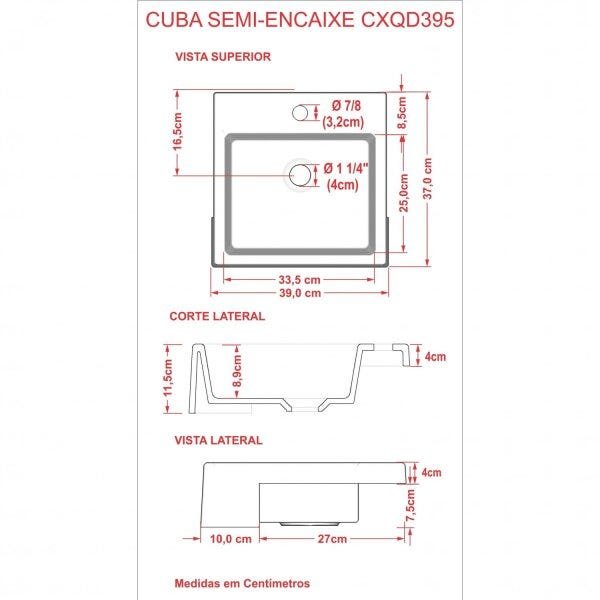 Cuba de Semi Encaixe para Banheiro XQ395 Quadrada Compace - 3