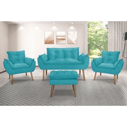 Kit Namoradeira Sofá Opala + 2 Poltronas Cadeira Opala + 1 puff:azul turquesa