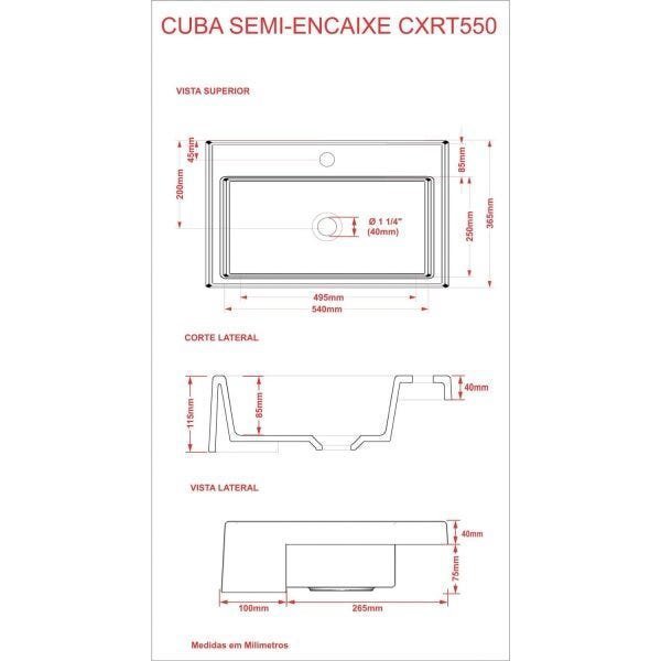 Cuba de Semi Encaixe para Banheiro XRT550 Retangular Compace - 3