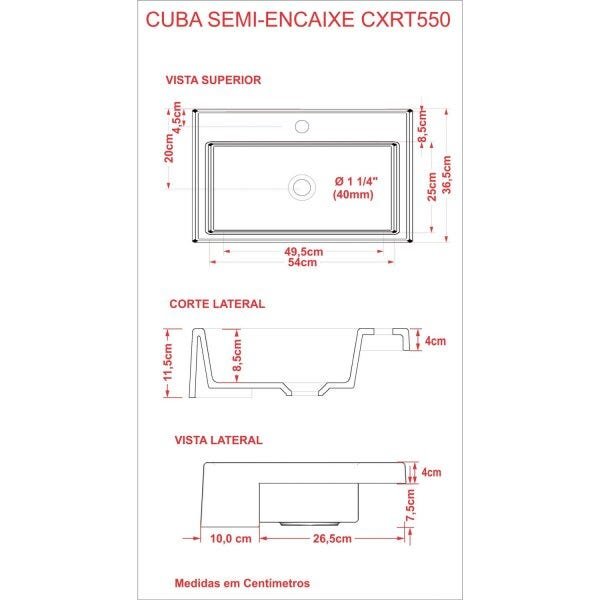 Cuba de Semi Encaixe para Banheiro XRT550 Retangular Compace - 3
