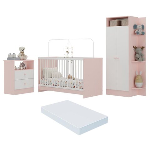 Jogo de Quarto Infantil com Colchão Incluso Trevalla Móveis Pom Pom - Rosa/Branco