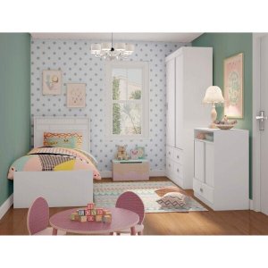Quarto Infantil Completo com Guarda-Roupa 2 Portas, Cômoda e Cama Valentina Espresso Móveis