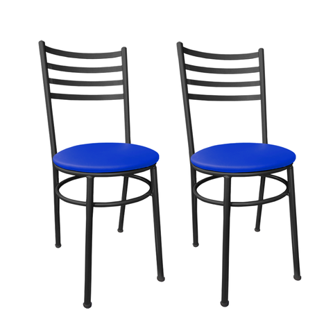 Conjunto 2 Cadeiras Cozinha de Metal Preto e Assento Estofado Azul