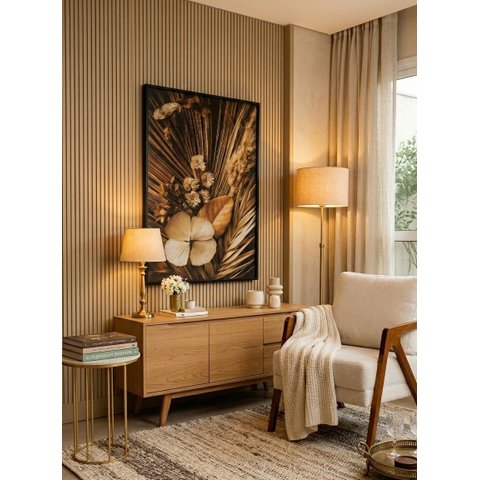 Quadro Decorativo Moderno Natureza Flores e Folhas Secas Moldura Preta e Vidro 118x78cm