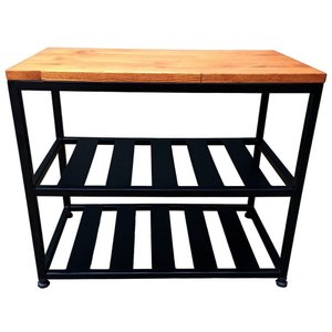 Banco Sapateira Industrial Organizadora com Chapas de Ferro em Preto e Assento de Madeira Castanheir