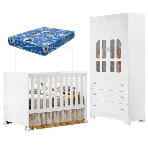 Berço Americano e Guarda Roupa Infantil Katatau Branco Acetinado com Colchão Ortobom – Reller