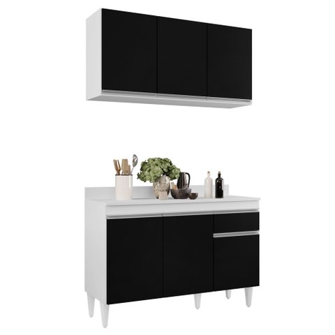 Armário Aéreo Virgínia e Balcão com Tampo 120cm Arizona Branco/preto - Lumil Lumil Móveis V