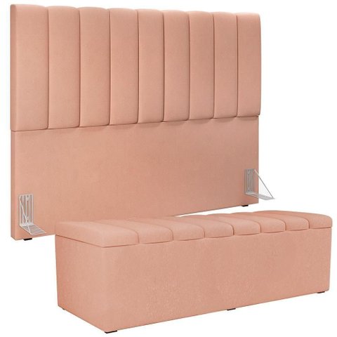 Kit Cabeceira Cama Box Casal King 195cm com Calçadeira Baú Dália W01 Linho Rosê - Lyam