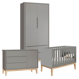 Quarto de Bebê Classic 2 Portas Cômoda com Porta Cinza com Pés Madeira Natural - Reller - 1