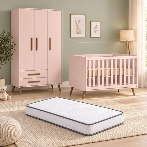 Kit Quarto de Bebê Guarda Roupa Berço Mini Cama MDP MDF Q Encanto Retrô Rosa