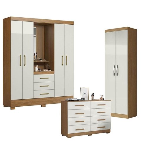 Guarda Roupa Solteiro Paris 2045150 com Armário Multiuso 2 Portas New 2000192 e Cômoda 8 Gavetas 201