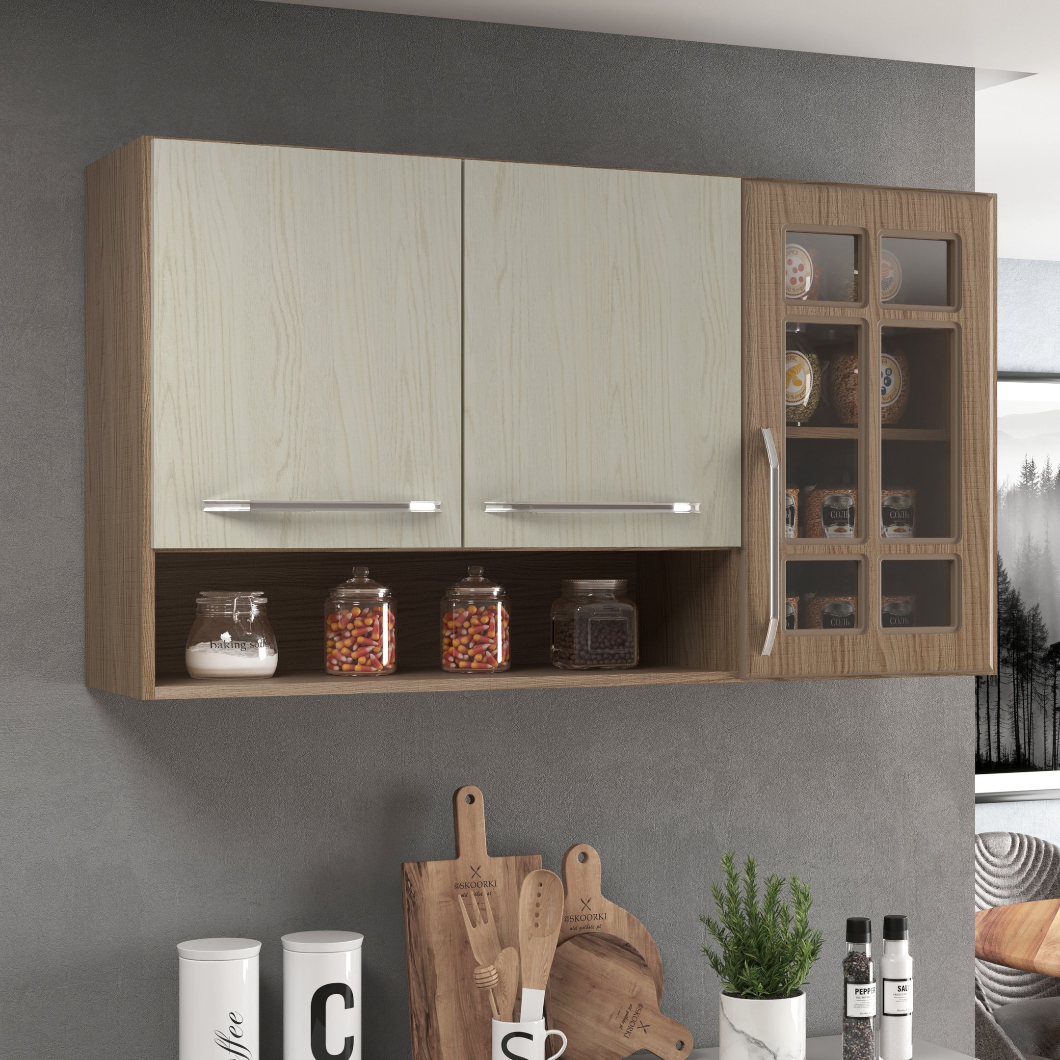 Armário Aéreo Modulado Vazado com Vidro Fidelitá Paris 120cm 3 Portas - 1