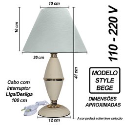 Abajur Clássico Style Quarto Sala Luminária Decoração – Bege Cúpula Branca - 2