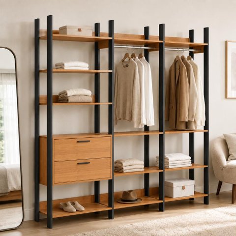 Guarda Roupa Closet 2,19 m X 2,20 m com 2 Gavetas e Cabideiros 100% MDF Dalla Costa Cor:Freijó com