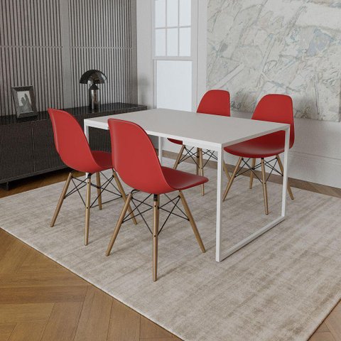 Mesa Industrial Base Ferro Branco Tampo 137X90 Branco 4 Cadeiras Madeira Assento Vermelho