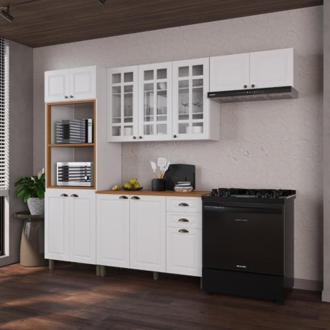 Cozinha Compacta Modulada Nara 12 Portas 2 Gavetas MDF 270cm Branco Fidelita Móveis